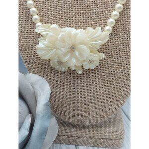 Vintage Faux Pearl Molded Floral Celluloid & Rhinestone Pendant Necklace Hook